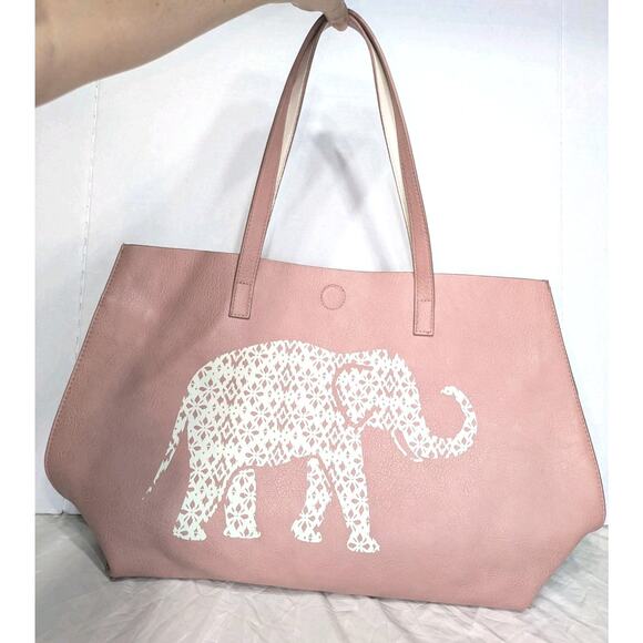 G. H. Bass & Co. White & Pink Elephant Tote Bag Purse Faux Leather Boho Aztec - Picture 1 of 7